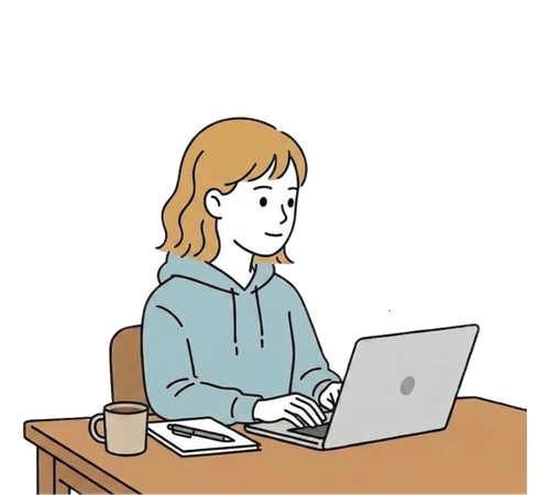 パーカーを着た女性がデスクでPC作業をしている様子